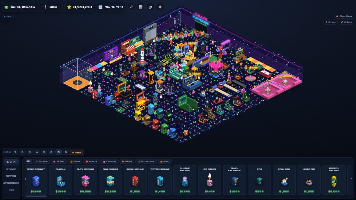 Arcade Mogul: an isometric neon arcade floor packed with cabinets, rides and hundreds of guests