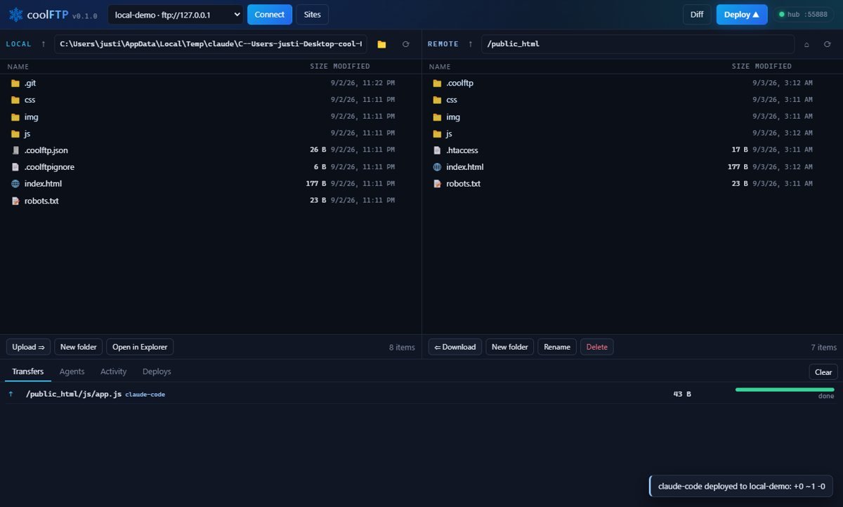 coolFTP desktop app showing local and remote file panes with an agent deploy in the transfer queue