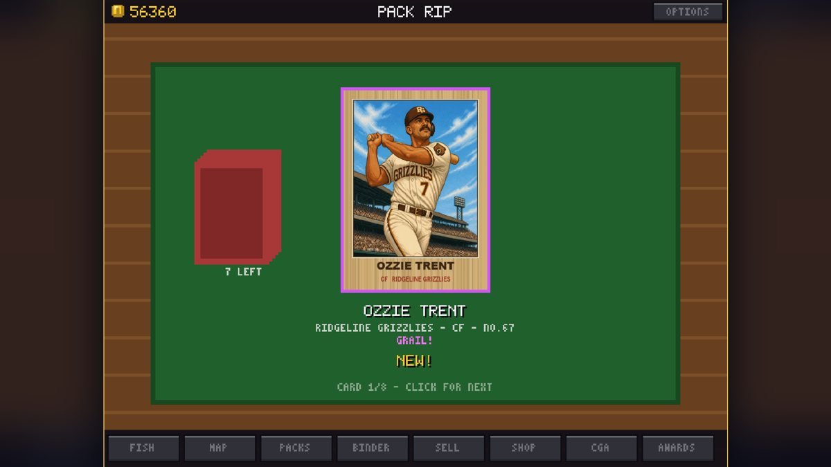 Reel Collectibles pack rip screen revealing a grail card of a fictional 1950s ballplayer